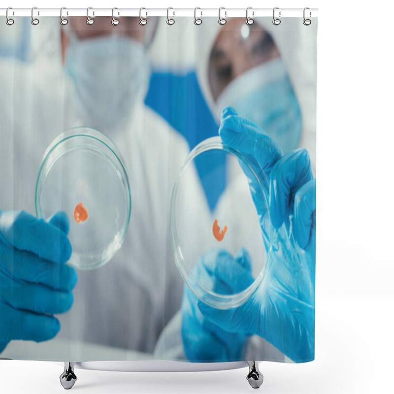 Personality  Selective Focus Of Two Biochemists Holding Petri Dishes With Biomaterial Shower Curtains