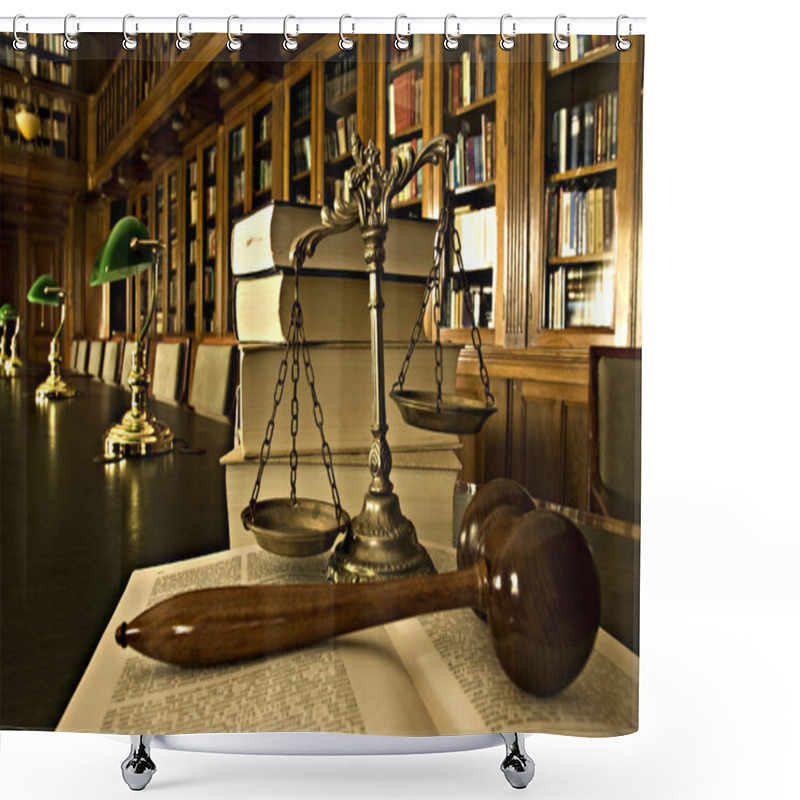 Personality  Decorative Scales Of Justice In The Library Shower Curtains