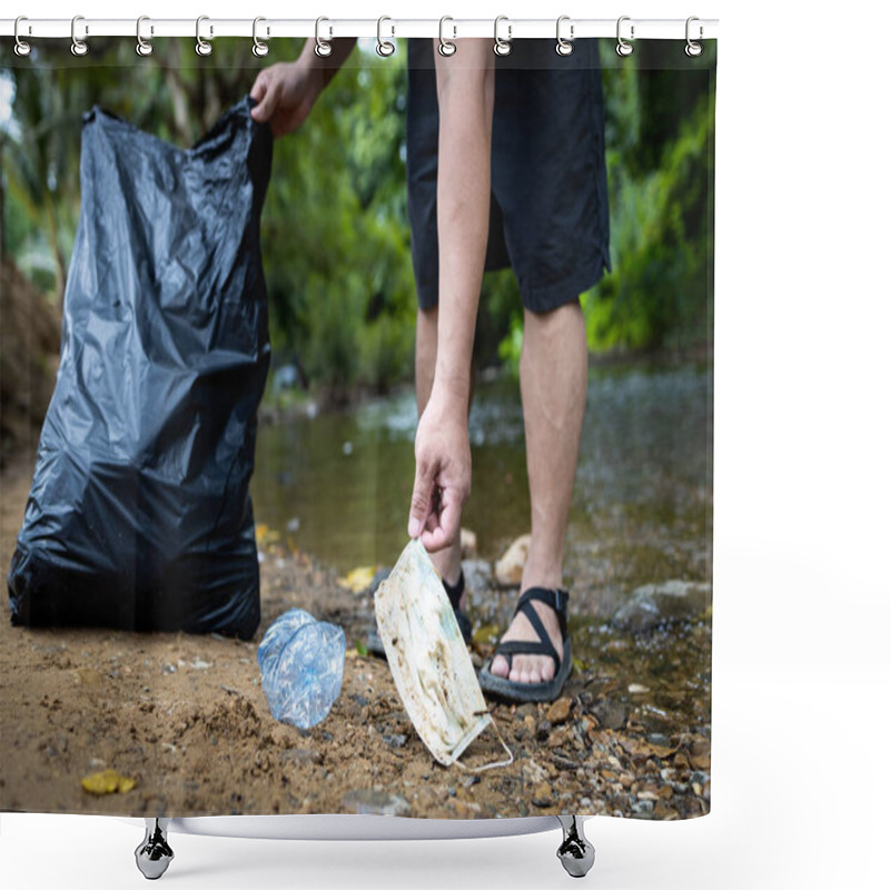 Personality  Asian Volunteer Is Picking Up Trash Waste Rubbish With Garbage Bag,medical Masks Of Tourists In National Park,problem Of Littering The Face Mask During Its Reopening After COVID-19 Quarantine Shower Curtains