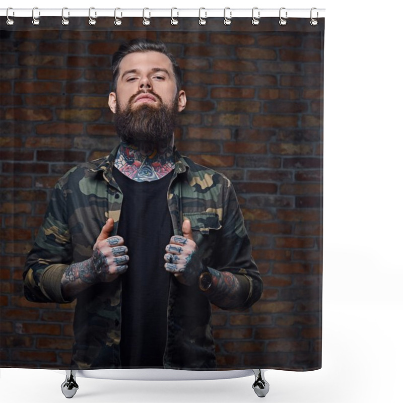 Personality  Tattooed Bearded Male In Military Jacket. Shower Curtains