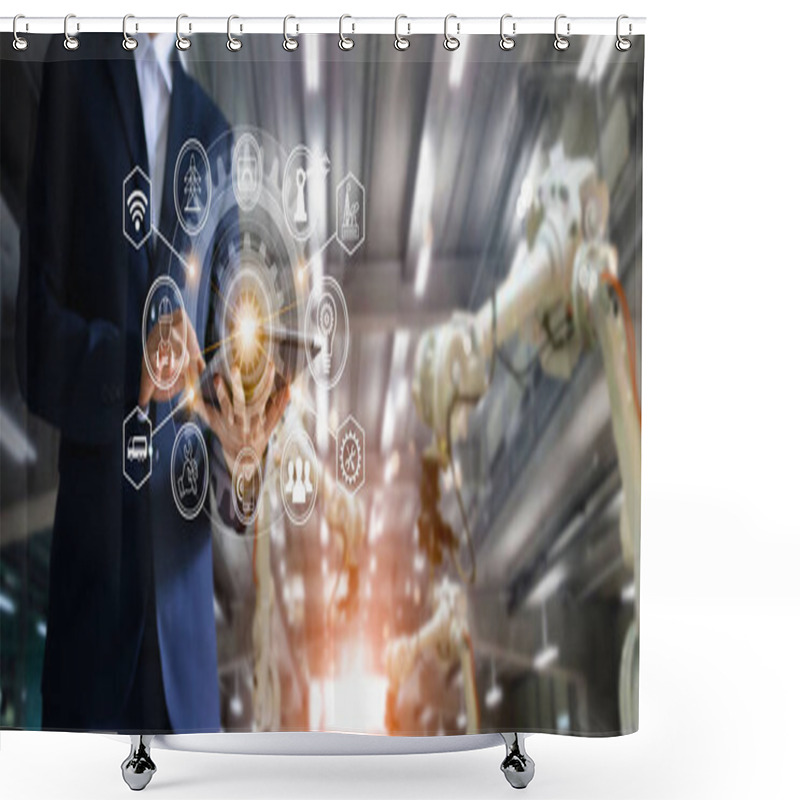 Personality  Industry, 4.0 Concept, Icon Flow Automation And Data Exchange In Industrial Factory. Shower Curtains