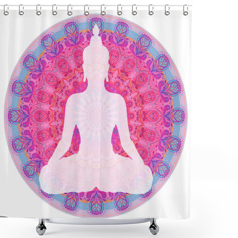 Personality  Chakra Concept. Inner Love, Light And Peace.  Buddha Silhouette In Lotus Position Over Colorful Ornate Mandala. Vector Illustration Isolated. Buddhism Esoteric Motifs. Tattoo, Spiritual Yoga. Shower Curtains