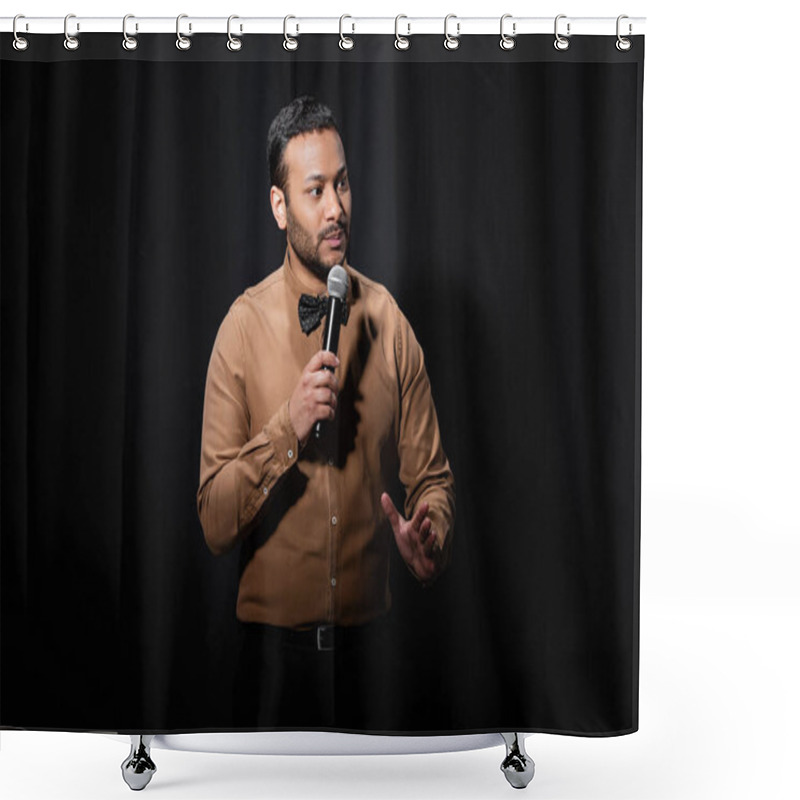 Personality  Eastern Comedian In Shirt And Bow Tie Holding Microphone During Monologue On Black  Shower Curtains