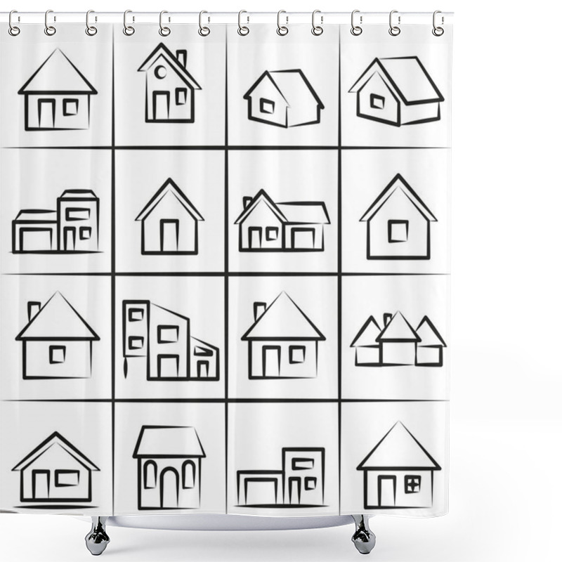 Personality  Houses And Huts Line Vector Icons. A Collection Of Icons Of Houses. Shower Curtains