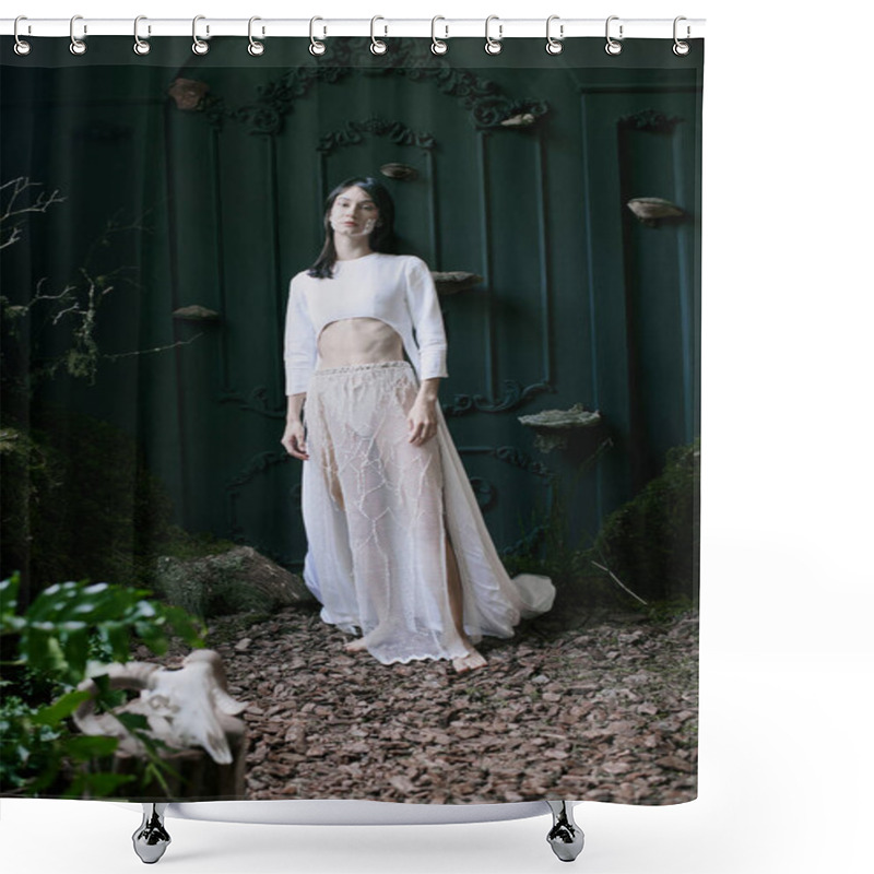 Personality  A Woman In A White Dress Stands Near A Swamp. Shower Curtains