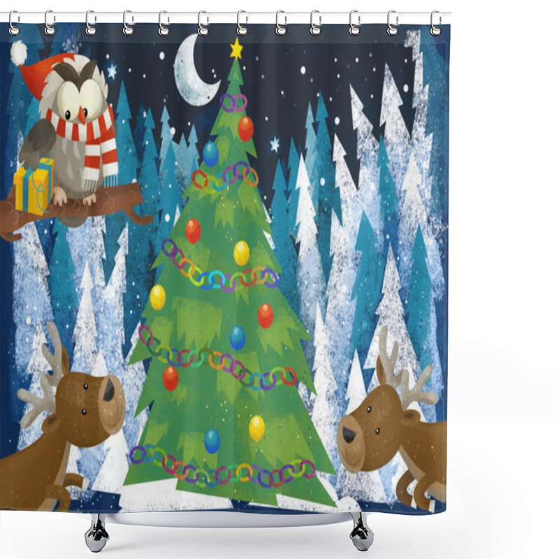 Personality  Winter Scene With Forest Animals Reindeers And Santa Claus Bear Near Christmas Tree - Traditional Scene - Illustration For Children Shower Curtains