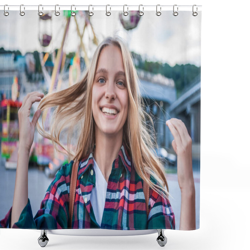 Personality  Happy Blonde Girl Smiling At Camera While Spending Time In Amusement Park Shower Curtains