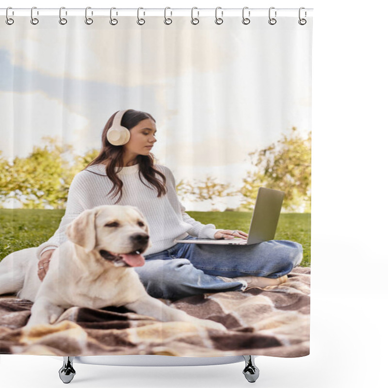 Personality  A Young Woman Works On Her Laptop Outdoors With Her Loyal Dog Beside Her In Autumn Colors. Shower Curtains