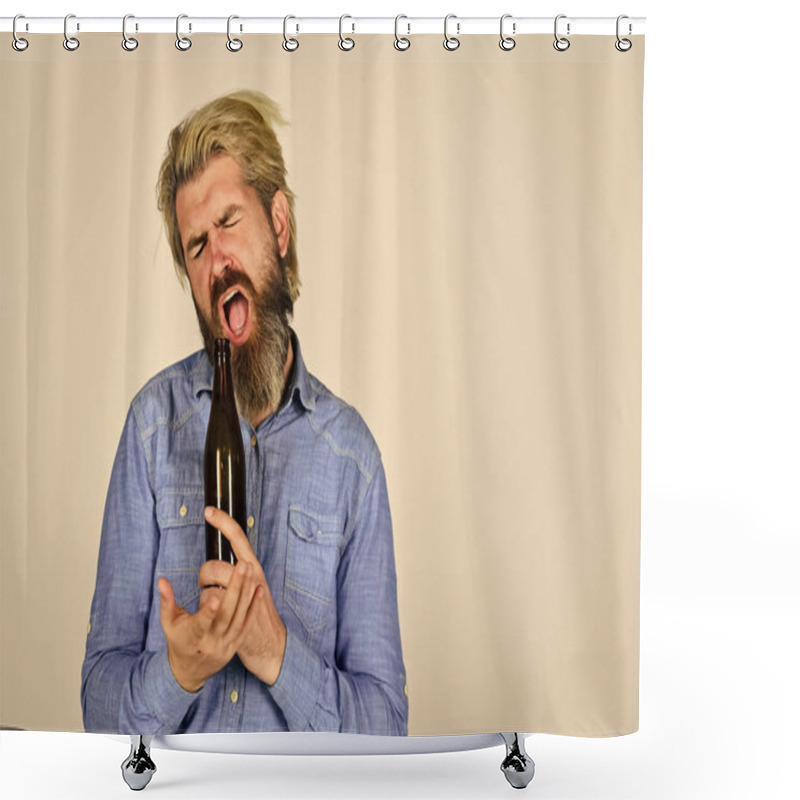 Personality  Alcoholism Problem. Man With Tousled Hair Looks Unhealthy. Hangover Syndrome. Drunk Man. Alcoholic Guy. Refreshing Alcoholic Drink. Alcohol Addict. Having Alcohol Addiction And Bad Habits. Having Fun Shower Curtains