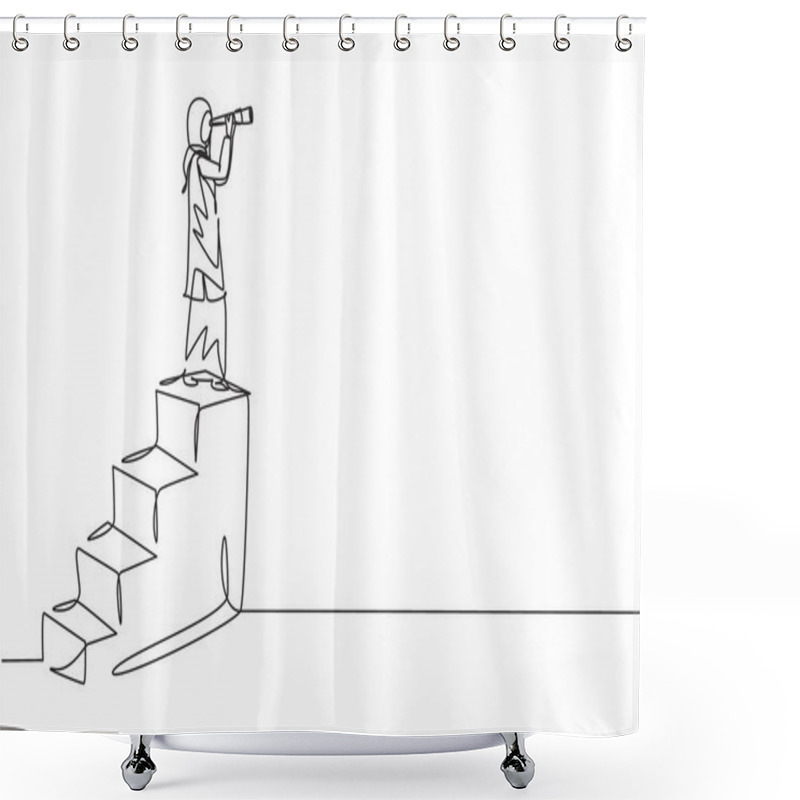 Personality  Single One Line Drawing Vision Concept In Business Of Arab Businesswoman And Telescope, Monocular. Symbol Leadership, Strategy, Mission, Objectives. Continuous Line Design Graphic Vector Illustration Shower Curtains