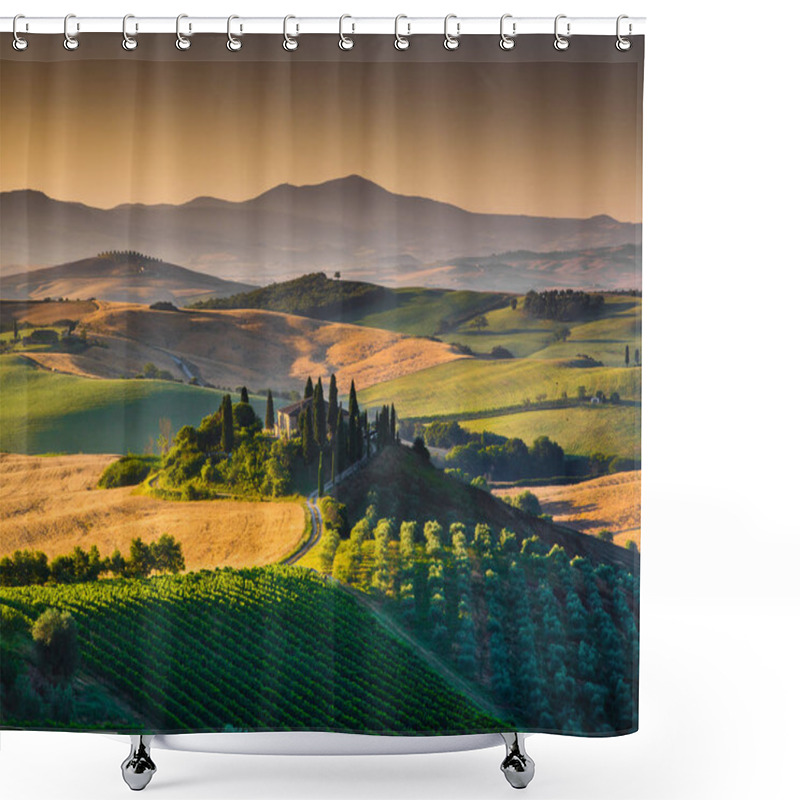 Personality  Scenic Tuscany Landscape With Rolling Hills And Valleys In Golden Morning Light Shower Curtains