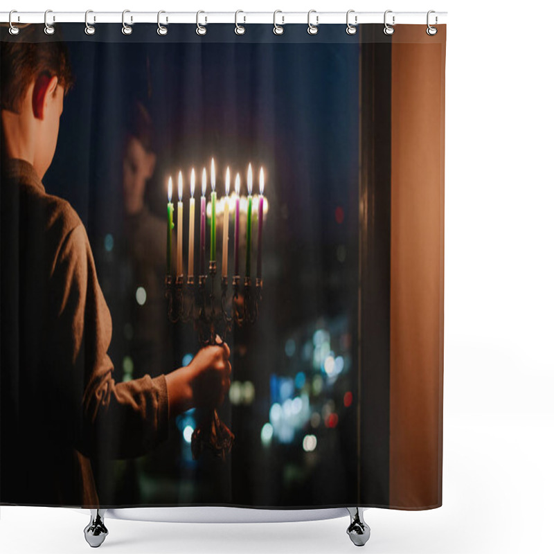 Personality  The Child Lights The Menorah For Hanukkah On The Windowsill. The Boy In The Kippah Sitting By The Window. Jewish Holiday. Tradition Is A Religious Ritual. Sunset. The First Star. Judaism Shower Curtains