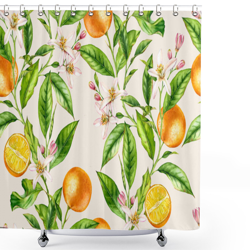 Personality  Orange Fruit Branches. Seamless Pattern With Flowers Realistic Botanical Floral Illustration On Light Beige Background Hand Painted  Shower Curtains