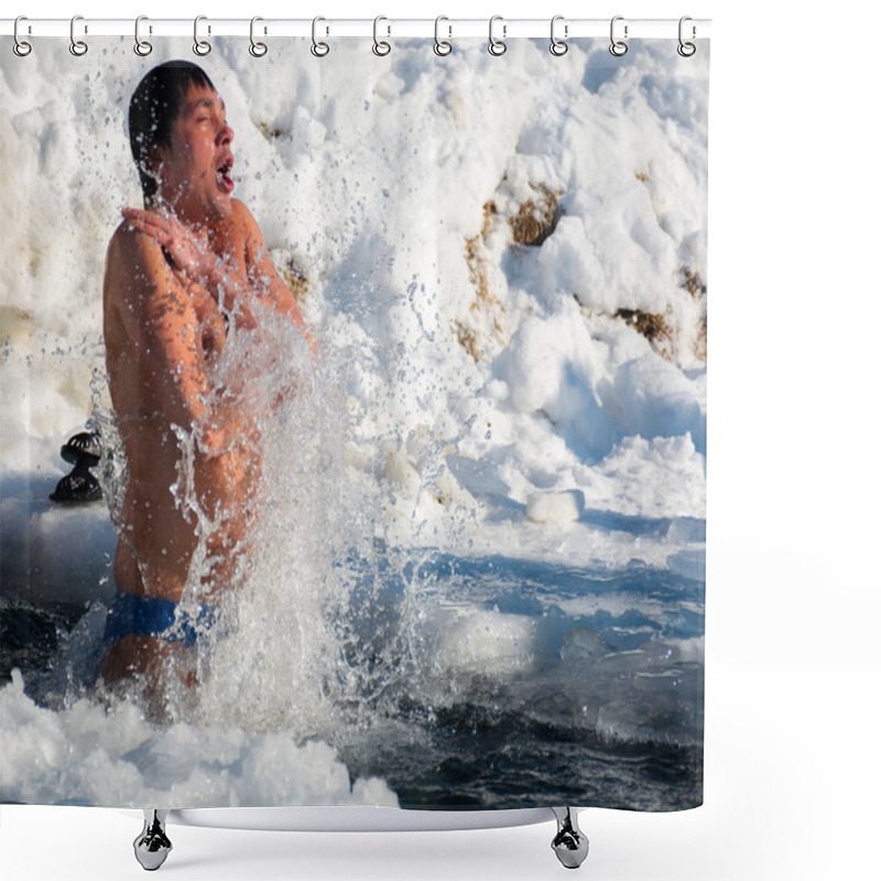 Personality  Uzhgorod, Ukraine - JAN 19, 2019: Greek Catholic Epiphany Winter Swimming. Man Take Part In Ice Dipping. Cold Weather Shower Curtains