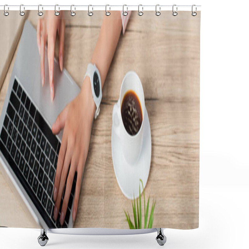 Personality  Website Header Of Freelancer Using Laptop Near Cup Of Coffee  Shower Curtains