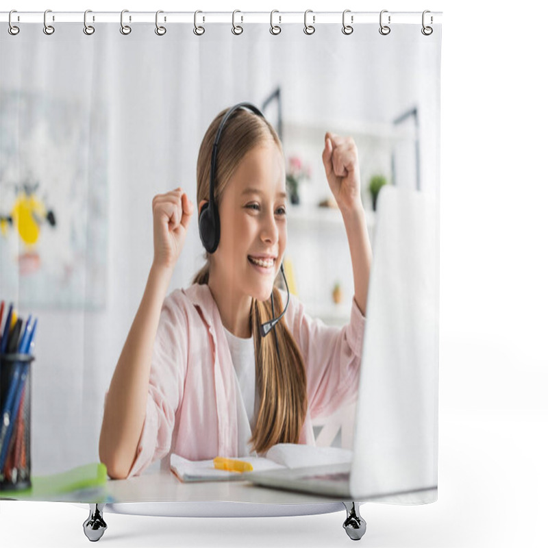 Personality  Selective Focus Of Smiling Child In Headset Showing Yes Gesture During Online Education At Home  Shower Curtains