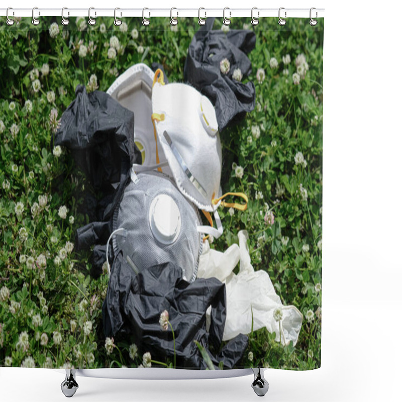 Personality  Medical Ffp2 Protective Mask And Gloves Refuse Trash On Grass Ground.covid Coronavirus Disease Garbage Pollution Shower Curtains