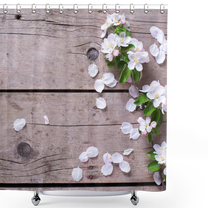 Personality  Apple Tree Flowers On Wooden Background Shower Curtains