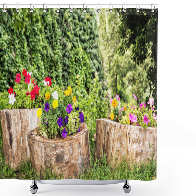 Personality  Beautiful Flowers Decoration On The Tree Stumps Shower Curtains