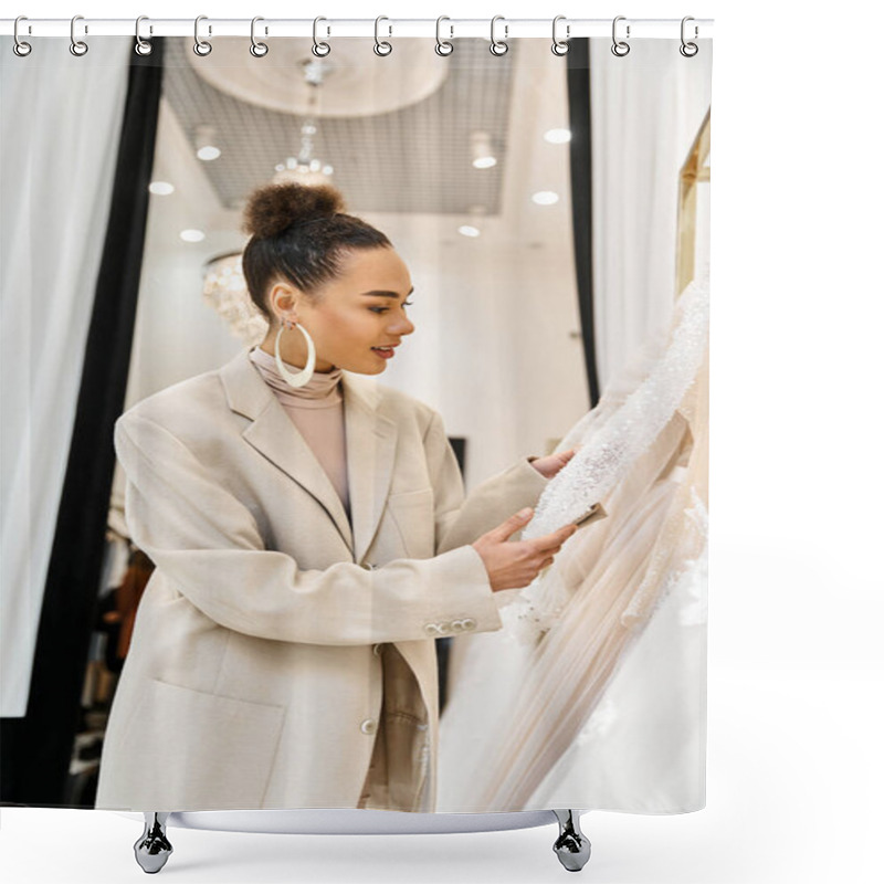 Personality  A Young Beautiful Bride Standing Next To A White Wedding Dress, In A Bridal Boutique. Shower Curtains