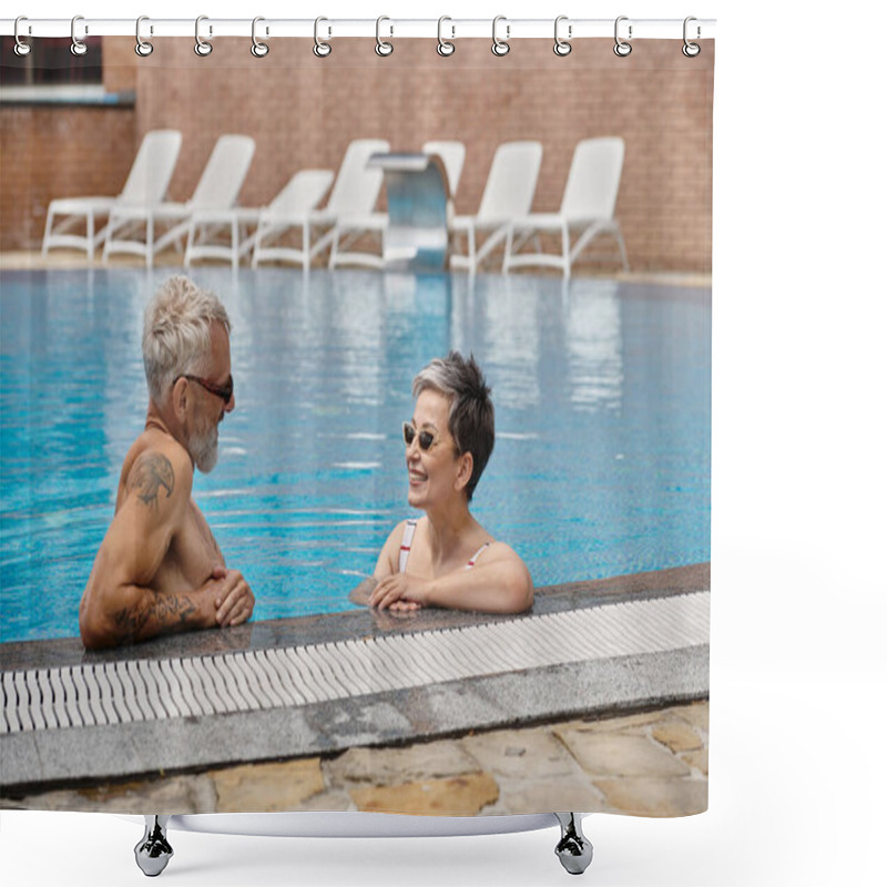 Personality  Happy Mature Couple In Sunglasses Chatting Inside Of Swimming Pool During Vacation, Wellness Retreat Shower Curtains