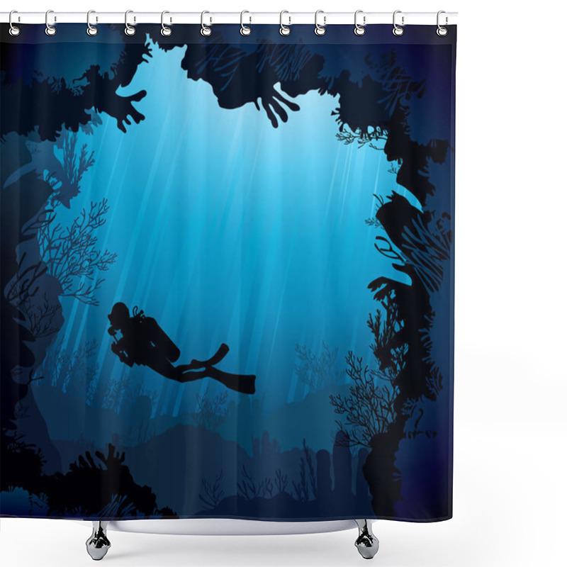 Personality  Coral Reef With Silhouette Of Diver Shower Curtains