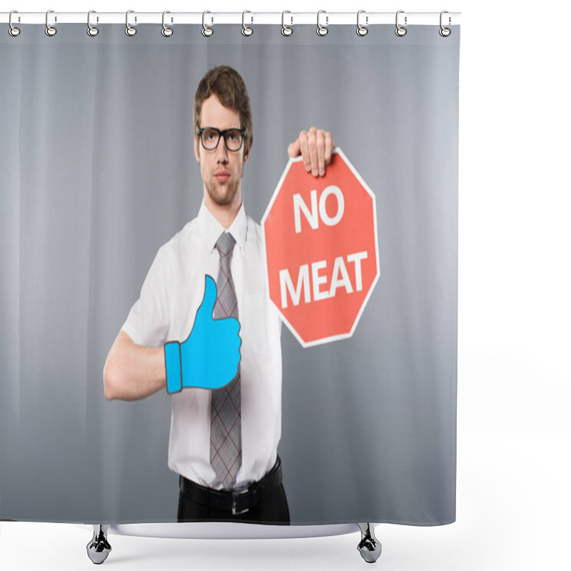 Personality  Serious Businessman In Glasses With Paper Cut Thumb Up Holding Red Card With No Meat Lettering On Grey Background Shower Curtains