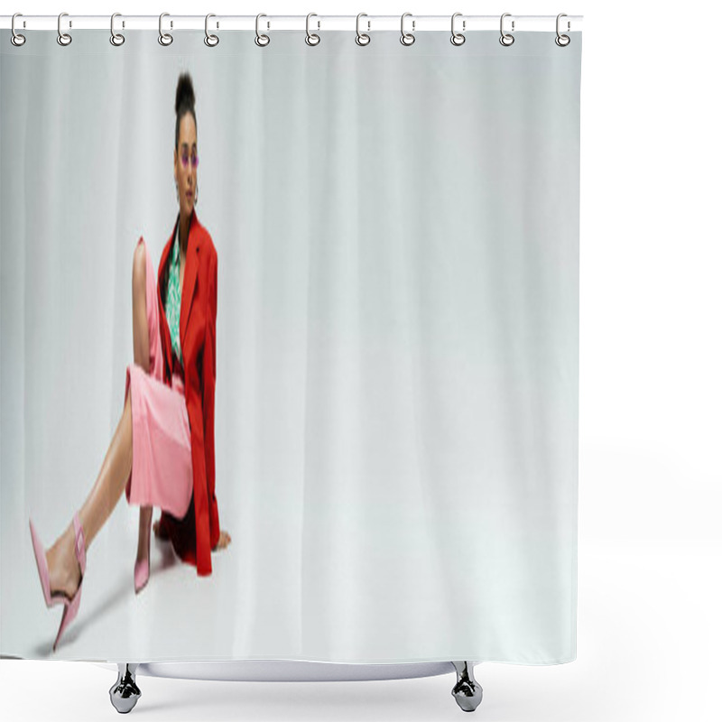 Personality  Full Length Of Alluring African American Woman In Bold Attire And Sunglasses Posing On Grey, Banner Shower Curtains