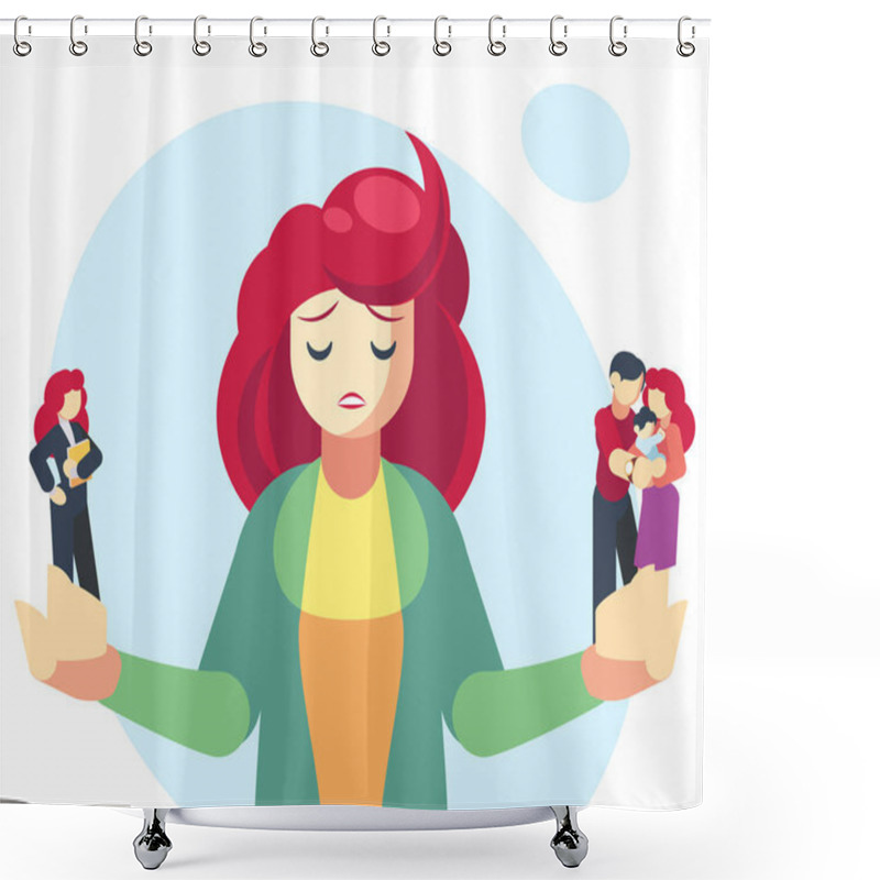 Personality  Woman Choosing Between Family Or Parent Responsibilities And Career Or Professional Success. Difficult Choice, Life Dilemma, Search Of Balance, Decision Making. Flat Cartoon Vector Illustration Shower Curtains