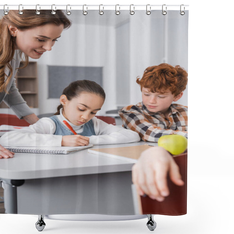 Personality  Smiling Teacher Near Schoolgirl Writing In Notebook During Lesson Shower Curtains