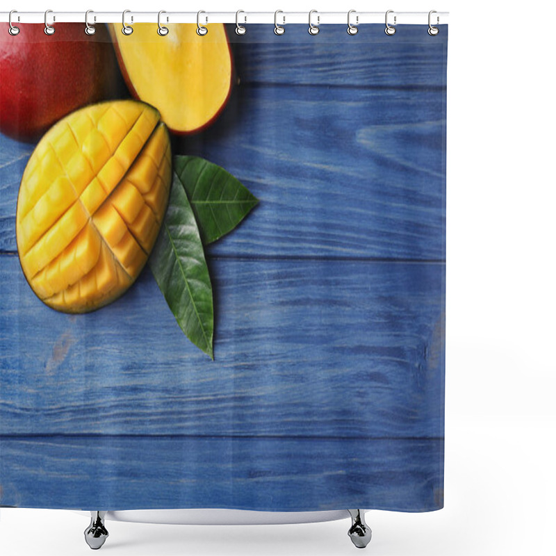 Personality  Flat Lay Composition With Mango On Wooden Background. Space For Text Shower Curtains