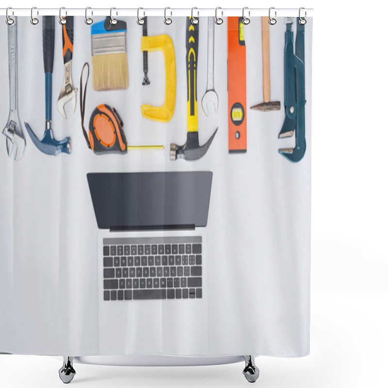 Personality  Top View Of Laptop With Different Tools Lying On White Shower Curtains