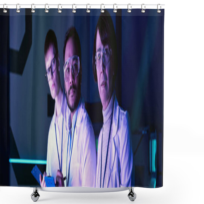 Personality  Banner, Three Scientists Engage In Headshot Analysis Within Neon-Lit Science Center. Shower Curtains