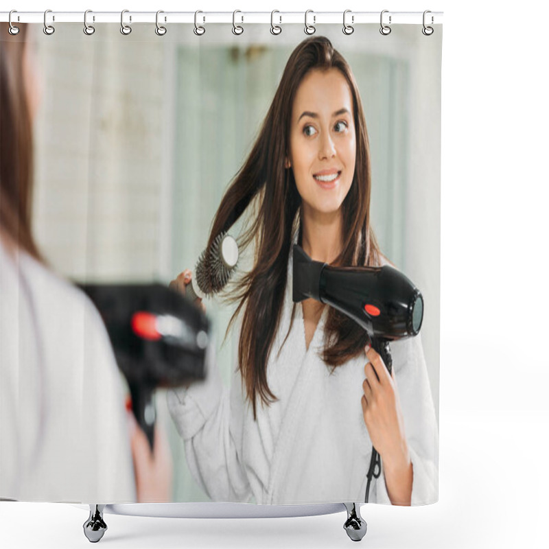 Personality  Happy Young Woman Drying Hair At Mirror In Bathroom  Shower Curtains