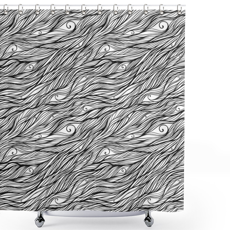 Personality  Abstract Monochrome Black And White Doodle Seamless Pattern. Hand Drawn Waves Ornament. Vector Illustration Shower Curtains