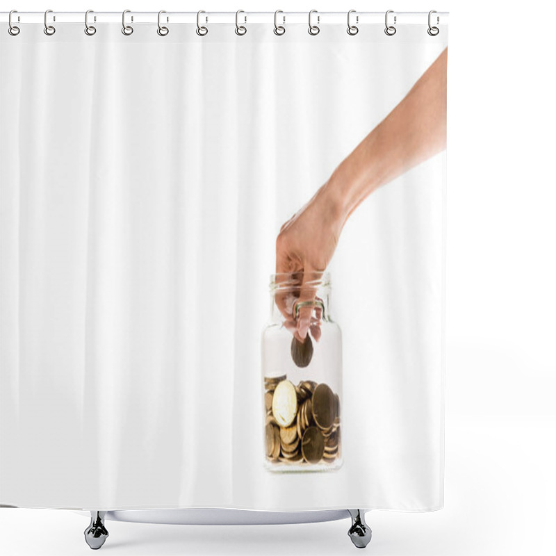 Personality  Cropped View Of Woman Putting Golden Coin In Glass Jar Isolated On White  Shower Curtains