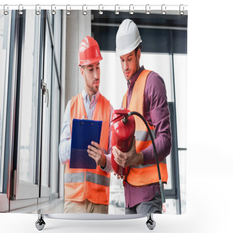 Personality  Firemen In Helmets Standing And Looking At Red Extinguisher Shower Curtains