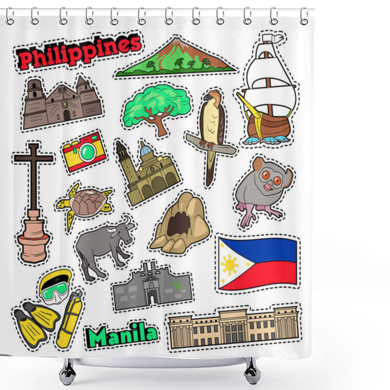 Personality  Philippines Travel Set With Architecture And Animals For Prints, Stickers And Badges. Vector Doodle Shower Curtains