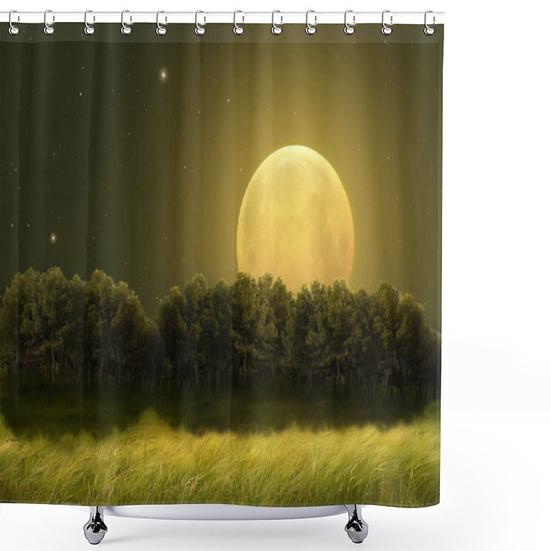 Personality  Fantastic Night Landscape Of A Field With Trees On The Horizon Illuminated By A Large Full Moon. Photo Manipulation. Illustration. Shower Curtains