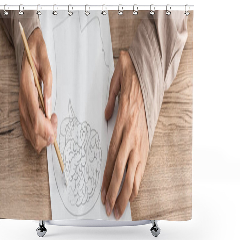 Personality  Panoramic Shot Of Retired Man With Alzheimer Disease Drawing Human Head And Brain  Shower Curtains