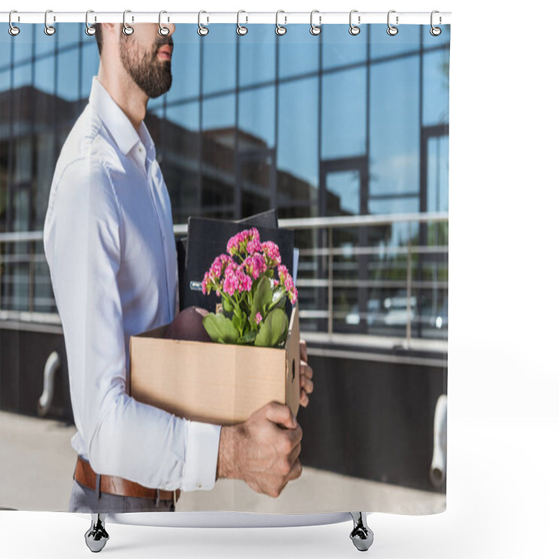 Personality  Cropped Shot Of Manager With Box Of Personal Stuff After He Was Fired Shower Curtains