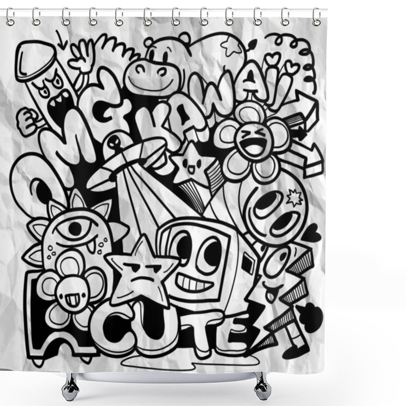 Personality  Playful Black And White Doodle Art Featuring Cute Characters, Stars, And Playful Elements, Expressing Joy And Creativity. Perfect For Fun Designs And Vibrant Themes. Shower Curtains