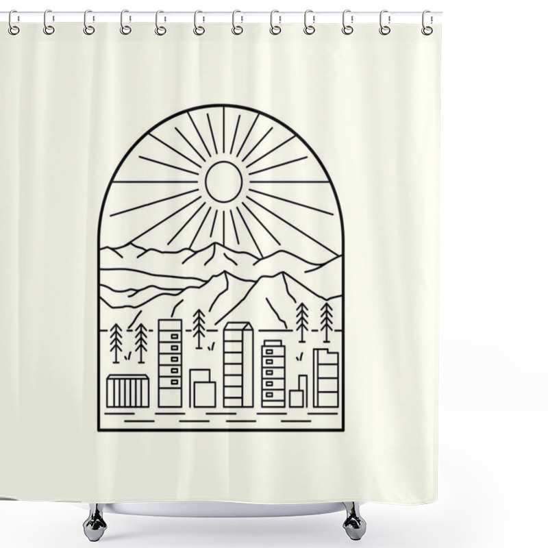 Personality  A View Of A City Under A Mountain In Mono Line Art ,badge Patch Pin Graphic Illustration, Vector Art T-shirt Design Shower Curtains