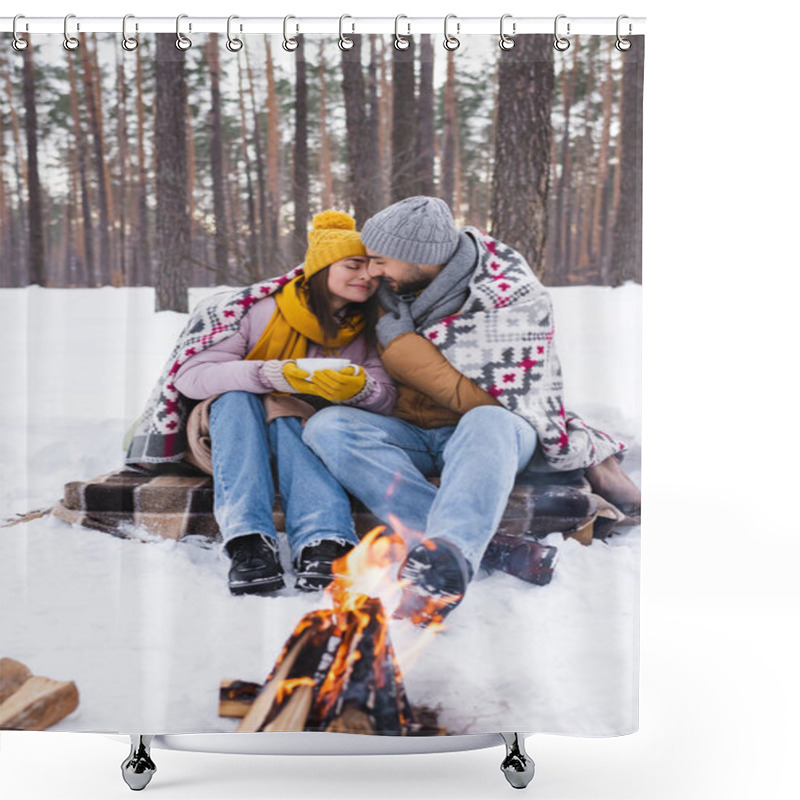 Personality  Young Couple With Blanket And Cup Warming Near Blurred Bonfire In Winter Park  Shower Curtains