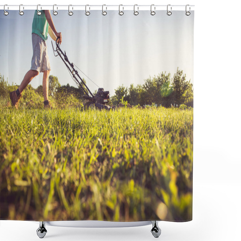 Personality  Young Man Mowing The Grass Shower Curtains