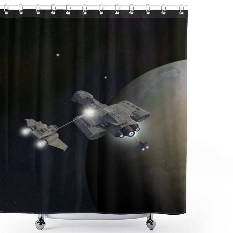 Personality  Science Fiction Illustration Of Two Single-seater Star Fighters Attacking A Deep Space Battle Cruiser Above An Alien Planet, 3d Digitally Rendered Illustration Shower Curtains