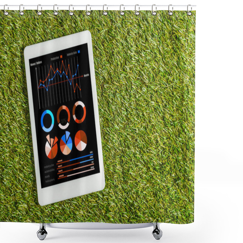 Personality  Top View Of Digital Tablet With Charts And Graphs On Screen On Green Grass, Energy Efficiency Concept Shower Curtains