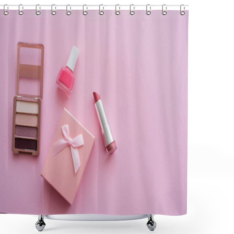 Personality  Top View Of Decorative Cosmetics Near Present With Bow On Pink Shower Curtains