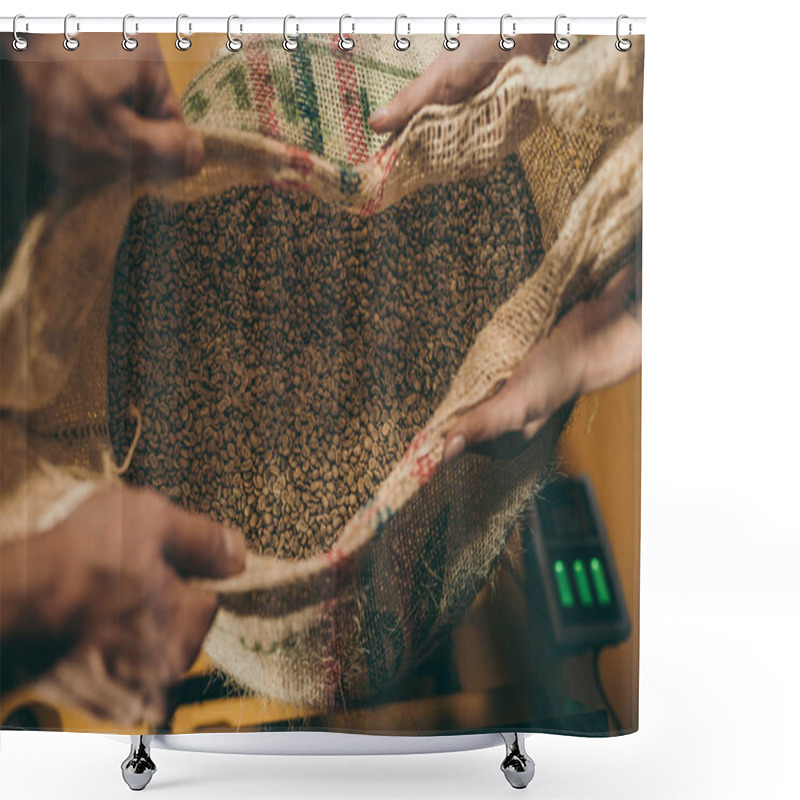 Personality  Cropped Shot Of Workers Holding Sack Bag With Coffee Beans Together Shower Curtains