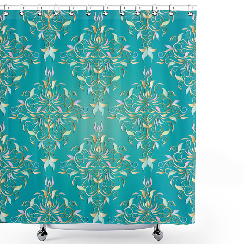 Personality  Damask Seamless Pattern. Vector Floral Turquoise Background Shower Curtains